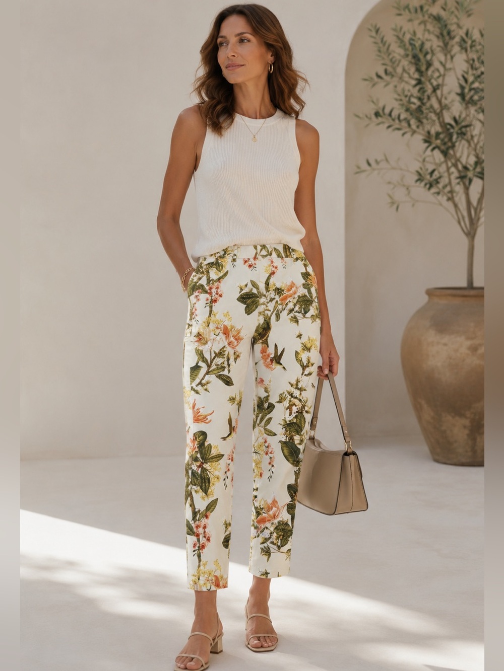 H&M Floral Pants Beige Botanical Bird Print Skinny
Ankle Pants | size 8